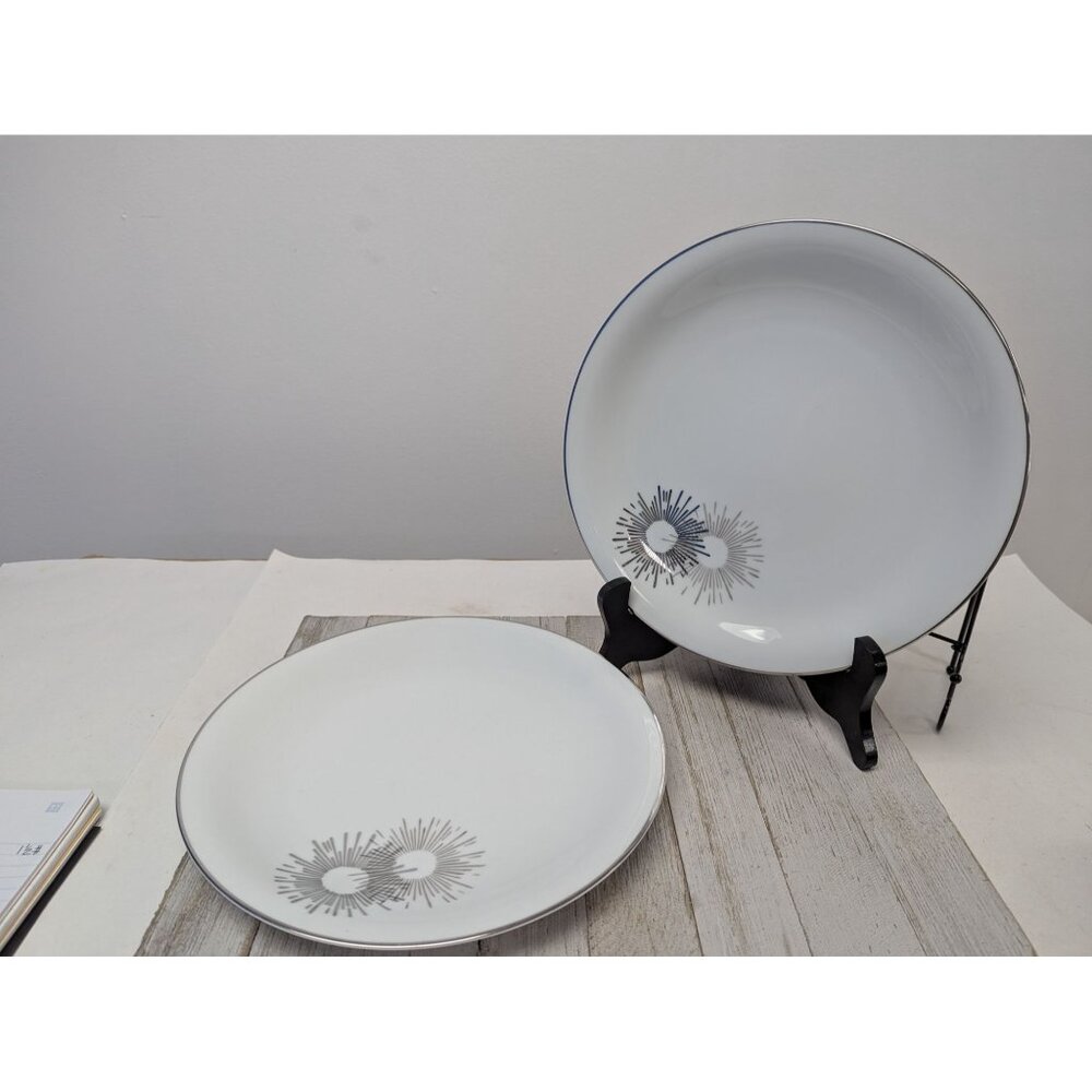 Vintage Kutani Set 2 Dinner Plates 10 1/2" White Silver Gray Bursts Japan
